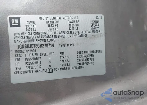 2012 Chevrolet Suburban 1500 Lt z USA, uszkodzony, nr VIN 1GNSKJE78CR270714